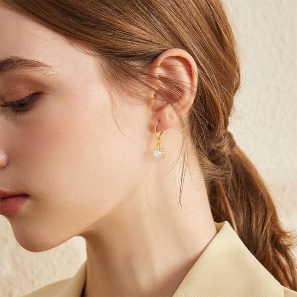 Sterling Silver Leverback Dangle Drop Earrings Cubic Zirconia Halo Earrings Gift - Picture 3 of 3